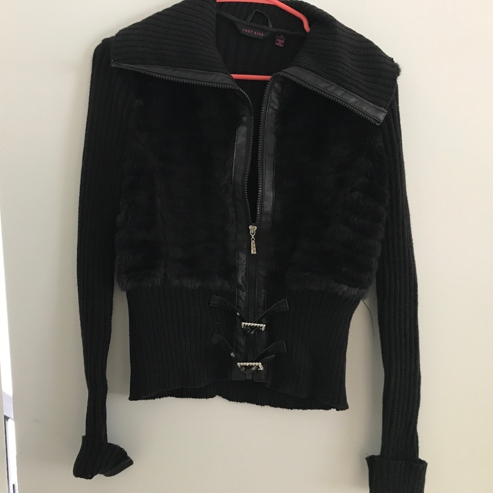 Cableknit Collared Faux Fur Moto Zip Sweater jacket Medium